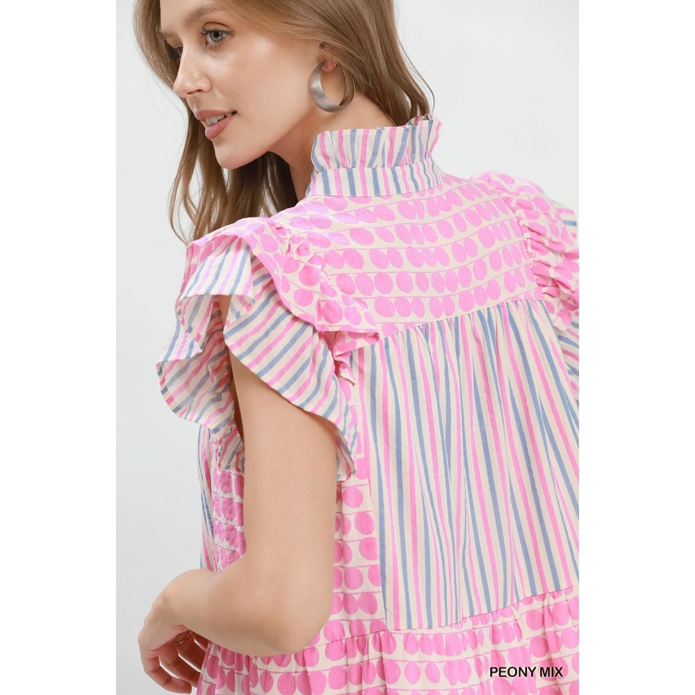 Umgee Mix Patchwork Flutter Sleeve Tiered Dress - Peony Mix - Large - Picture 5 of 5